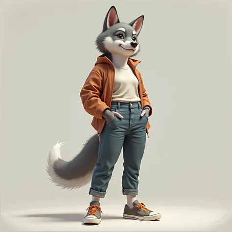 Create a furry anthor dog gray, female, casual clothes, 1m94 tall,Higher 