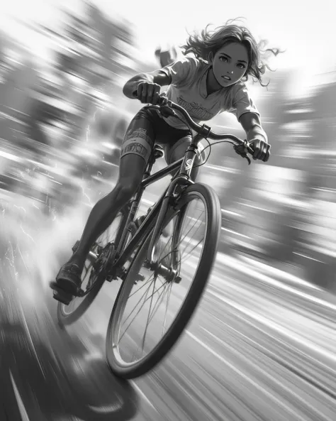 girl, riding a bicycle, motion blur lines, speed lines, motion blur backdrop, panning shot, grayscale,   . (masterpiece, best quality:1.2)