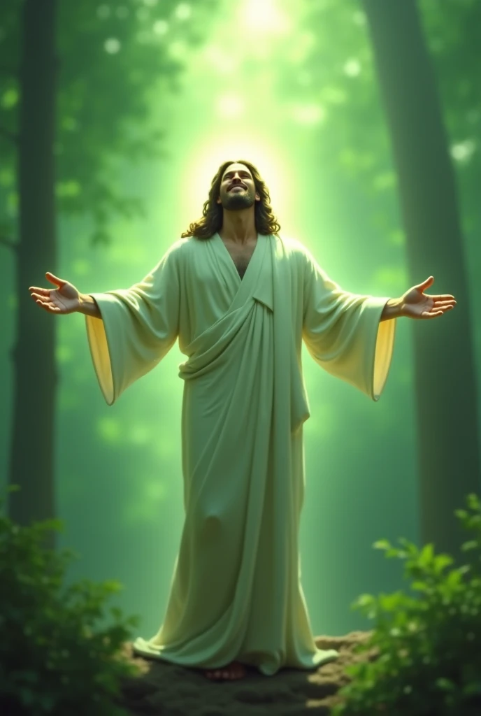 Jesus the healer with arms wide open. Eyes closed and a welcoming smile. Green pyramidal light around.  blurry forest background 