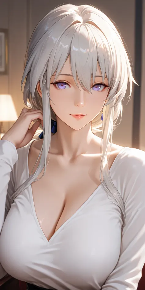 Masterpiece, very aesthetic, vibrant, high contrast, elegant mature woman, enterprise (azur lane), upper body, long sleeve shirt, collarbone, soft light, best quality, semrealistic, honkai: star rail cg style