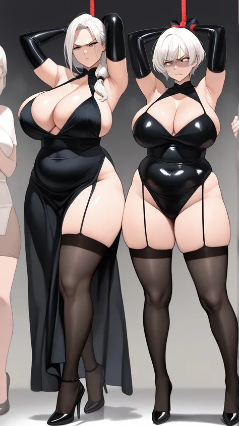 (( top quality)), ((masterpiece)), ( Detailed ), Two people ,  hot and sexy girl ,  huge boobs,  chubby body,  Milf,  middle-aged woman,  white hair,  short hair,  hair tied up, Dress, Slightly angry expression,  black high heels, Raise your arms and show ...