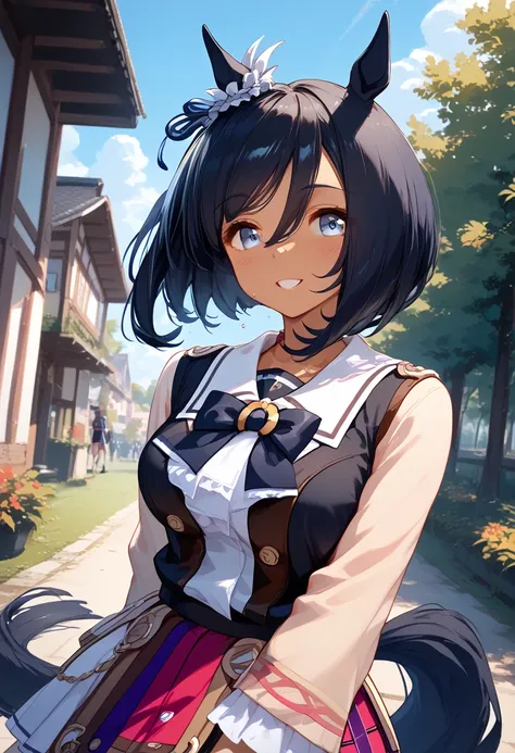  (((eishin flash))), umamusume, horse girl,bob cut,single earring,horse tail,horse girl,black hair,(Top quality masterpiece:1.5), Super detailed, High resolution, 8k, Beautiful details, 超High resolution, 1 cute girl, Brown skin girl, Dark blue hair, blue g...