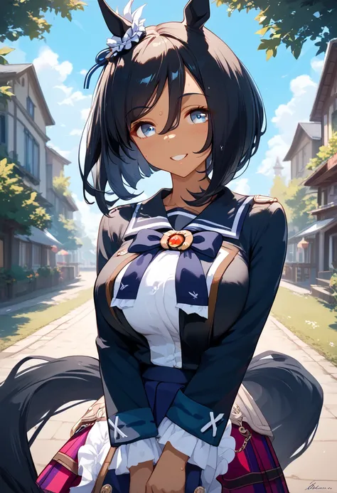  (((eishin flash))), umamusume, horse girl,bob cut,single earring,horse tail,horse girl,black hair,(Top quality masterpiece:1.5), Super detailed, High resolution, 8k, Beautiful details, 超High resolution, 1 cute girl, Brown skin girl, Dark blue hair, blue g...