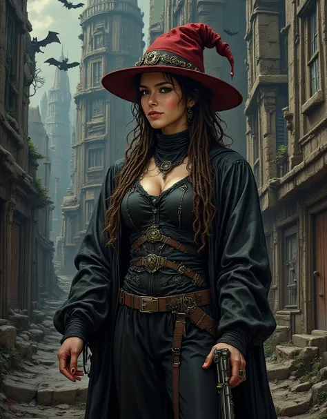 A steampunk Gothic makeup woman with dreadlocks, long red hat and accessories, cheerful & cheerful with a calm, mysterious expression, wearing a long flowing black jacket standing in the middle of a spooky Gothic cityscape. Sexy and wild pose. The backgrou...