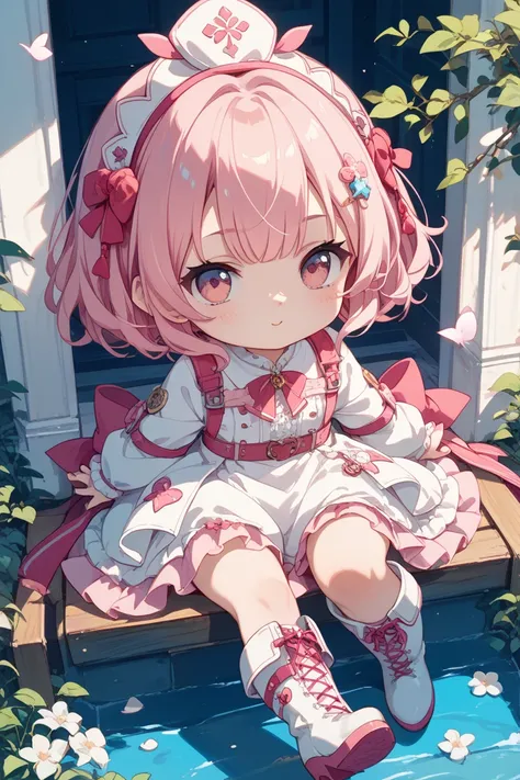  girl、 Chibi Characters、 pink hair、 pink eyes、White clothes、 long boots、 anime style