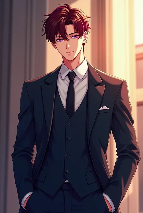 . A handsome young man wearing a suit , He is very tall ,  Muscle , , in good shape , Powerful, gentle,  has short dark reddish brown hair ,  with purple eyes , , smart and charming .  in Korean novel web illustration style..