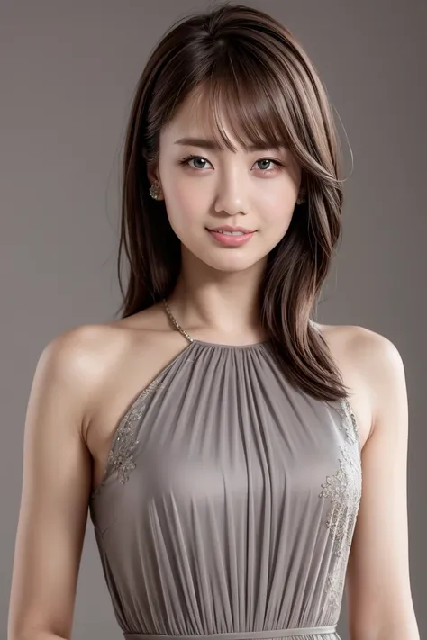 ( by Nomi), ( hyperrealism), top quality,  Masterpiece, ultra high resolution, (photo by Nomi:1.4), 1 girl,  simple gray background ,   formal dress,  Watch Viewers ,
 upper body,