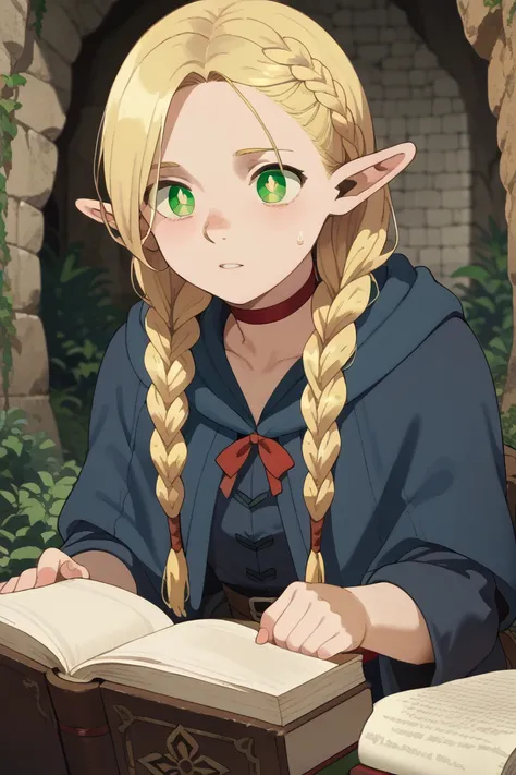 score_9, score_8_up, score_7_up, 
marcille donato, long hair, blonde hair, green eyes, braid, pointy ears, twin braids, elf, bright pupils, parted bangs, choker, robe, red choker,
open book, Cave Dwelling