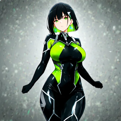 masterpiece, (((( best quality )))),,character profilele,,1 girl, Japanese anime,shiny skin, wearing a black pilot suit, dark hair, short bob hair,The inner color of the hair is green, green eyes,isosceles triangle earrings,Very thick legs,large breasts