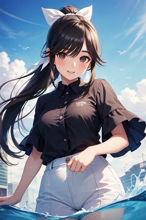 Takane Manaka, shiny brown long hair, ponytail with white ribbon, beautiful brown eyes, smiling face, sparkling pupils, (fine grain), highly detailed eyes, highly detailed face, highly detailed eyes,, (masterpiece:1.2, best quality), 1 girl, cowboy shot,, ...