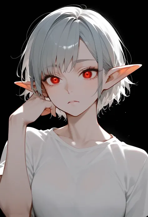 girl,Gray hair, in red eyes ,Sharp eyes, short hair ,Gray white shirt,Elf ears, black background ,drowsy ,