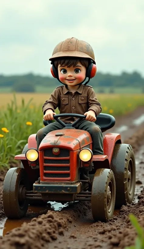 Bucky is sitting on top and buggy is moving in the fields and there is a lot of mud in the fields and the  has a small helmet on his head and the clothes are also full of mud and there are fields around and the  is laughing.