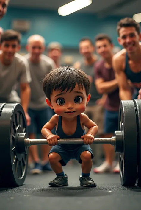 A little  is in the gym and is lifting heavy weights and everyone is watching