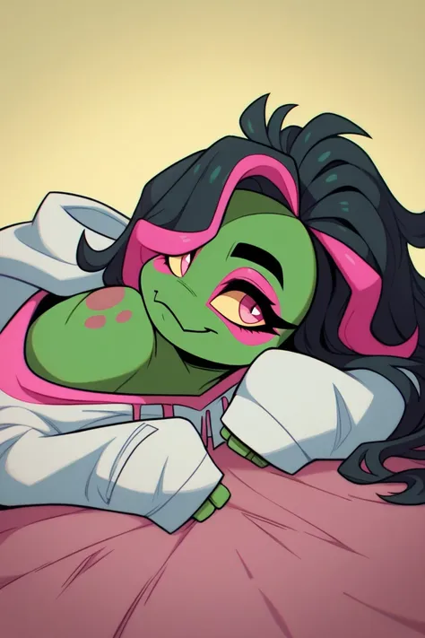 1girl, solo, green skin, adult female, day gecko, not human, anthro, straight black hair, teal highlights, sexy, black hair, long hair, punky street wear, posing, pink markings, white hoodie, pink trim, bright gold eyes, long simple tail, wears shorts trim...