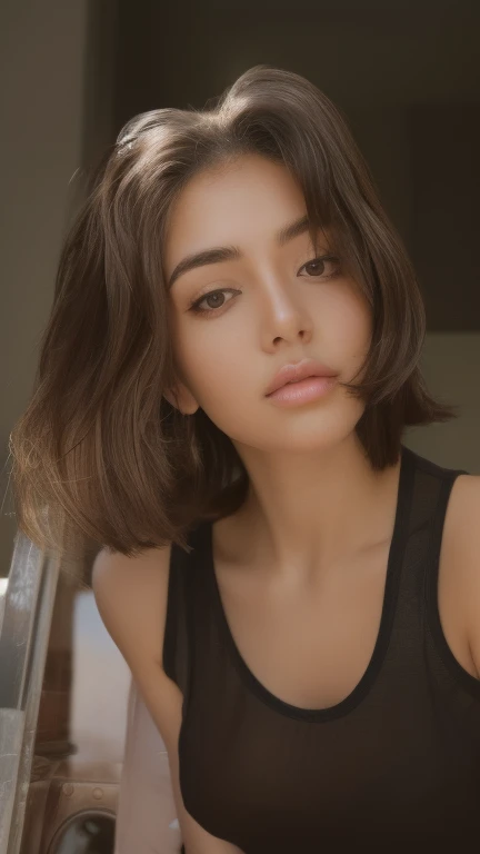 a close up of a woman with a black tank top and a hair brush, with short hair, girl portrait, 19-year-old girl, chin-length hair, white hime cut hairstyle, short brown hair and large eyes, the hime cut, mid - length hair, pale-skinned persian girl, neat ha...