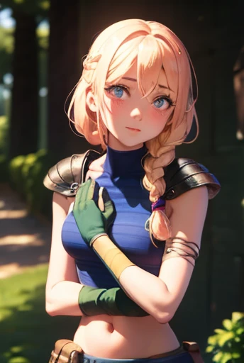 lapis fe, 1 girl, Alone, looking at the viewer, blush, hits, gloves, upper body], braid, hair band, outdoor, Chapped lips, sky, day, hand up, pink eyes, armor, tree, Covered navel, blurred background, Hand on own chest, shoulder armor, side braid, breastpl...