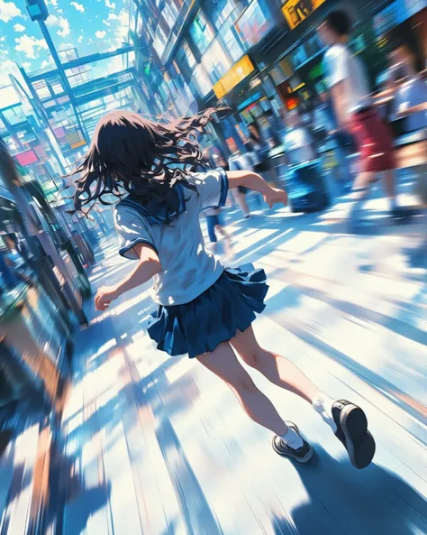 girl, back view, motion blur lines, anime speed lines, motion blur backdrop, panning shot, walking, escalator,  Inside the building, passersby,  . (masterpiece, best quality:1.2)