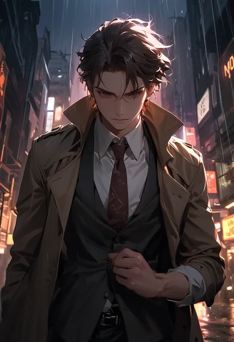 "A tall, broad-shouldered detective with intense, deep brown eyes that seem to burn with determination even in the dim light of the city. His tousled dark hair is just long enough to fall over his forehead, framing his chiseled face with sharp anime-style ...