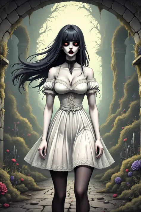 illustration, digital art, dark courtyard, wandering ghosts, horror atmosphere,
moonlit night, eerie shadows, mist,
dilapidated stone walls, overgrown vegetation,
gaunt female ghosts, tattered white dresses, long black hair, pale skin, translucent, distort...