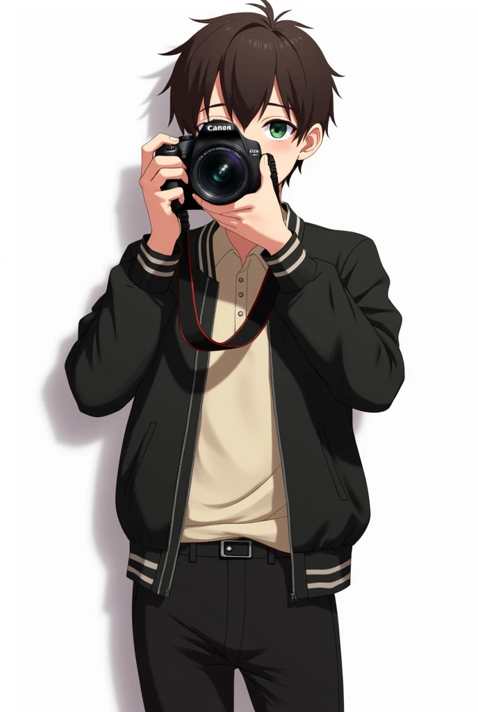 Anime:

Dark brown hair,
Photographer, Holding a Canon 200D mark 2 with both hands, no strap,
Wearing cream half button polo, black corporate/bomber jacket, black slacks, dark green eyes
Background: plain white
Pose: taking pictures