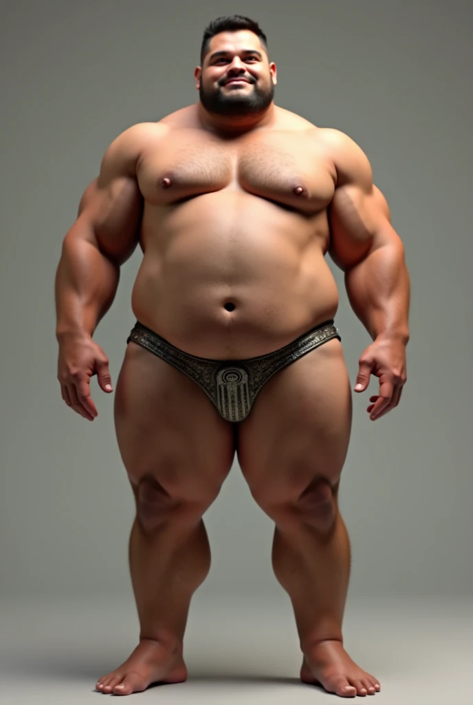 Light brown test man in thong with good penis weighing 130 kg height one meter 68 cm, Pectorals marked with an erection 