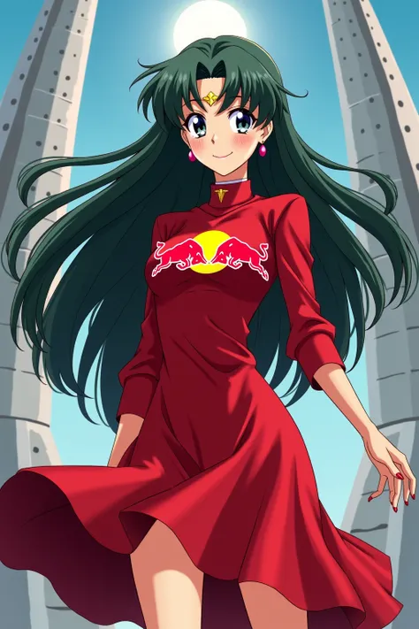 original art, Sailor pluto, red bull dress, Red Bull logo on the chest, Smiling, Alone, Tower in background, anime, Setsuna Meio