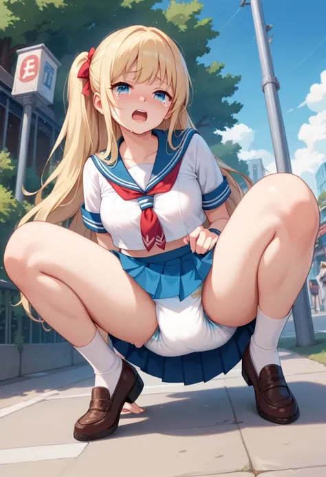  beautiful long blonde 　Girl in sailor suit 　  pleated skirt　  miniskirt　diaper　Teary-eyed　I'm ashamed　Pee stains　 Skirt Raised　Outdoors　 stand with your crotch open 