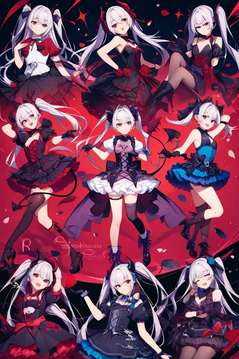  twin tails on legs、 Silver Hair、Devil Horns、Devil's Tail 、 small tits、 slippery、 plumpy、Breasts not big 、 small breasts、 gothic lolita costume 、 high knee socks、High heels、R18、night、moon、満moonが出ている、 red eyes、Devil Wink、black and red bat feathers、Two fangs...