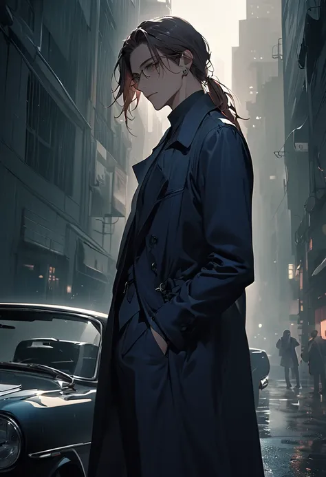 A tall, slender young man in anime BL neo-noir style. His long auburn hair flows past his shoulders, tied loosely in a low ponytail, with strands escaping to frame his sharp, refined face. His piercing green eyes, filled with mystery and sharp intellect, a...