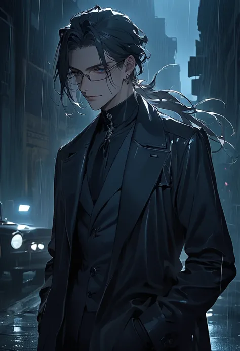 A tall, slender young man in anime BL neo-noir style. His long auburn hair flows past his shoulders, tied loosely in a low ponytail, with strands escaping to frame his sharp, refined face. His piercing green eyes, filled with mystery and sharp intellect, a...