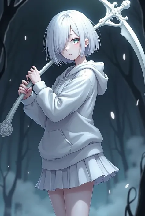 1 anime girl,white eyes,white hair,white skin,Bone scythe ,  short white skirt, white hoodie, Bob Stile's hairstyle covering one eye