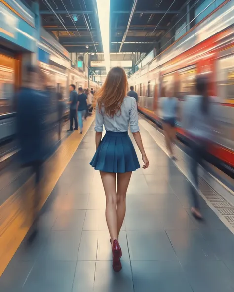 girl, back view, motion blur lines, anime speed lines, motion blur backdrop, panning shot, walking, motion blur train,  station, passersby,  . (masterpiece, best quality:1.2)