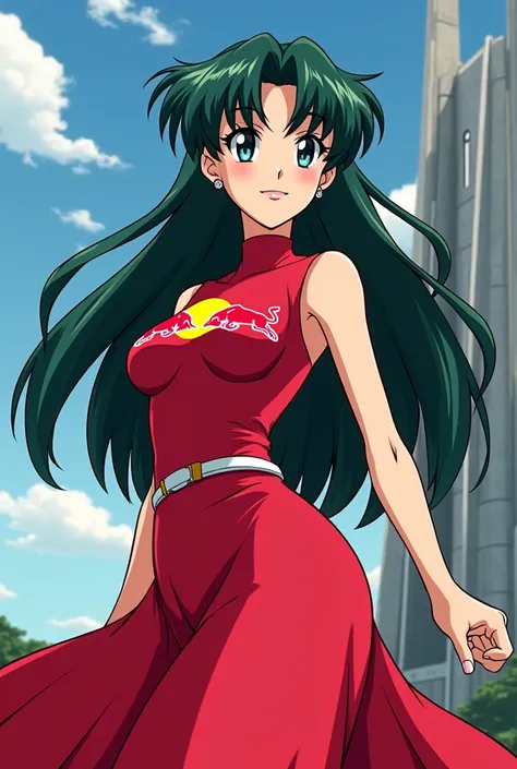 original art, Sailor pluto, red bull dress, Red Bull logo on the chest, Smiling, Alone, Tower in background, anime, Setsuna Meio