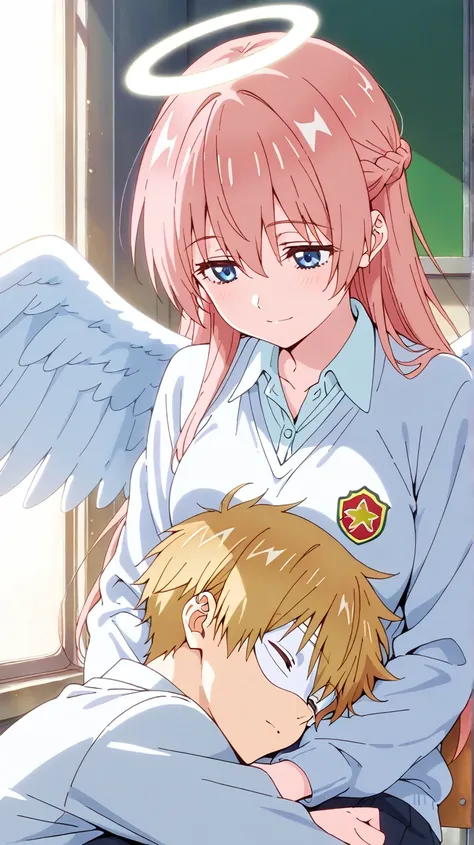 school background,duo focus,couple,looking at another,hugging,japan student uniform,BREAK,1boy,inuzuka shuu, blonde hair, sleep on girl lap,Full pure White hero masked men anime,white hero mask,white eye mask,angel,big white angel wing,angel halo,golden ey...