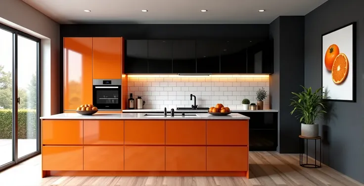 Image showcases a modern kitchen with a sleek and contemporary design. The layout features an L-shaped counter with a central island. The cabinetry is a striking combination of glossy orange and matte black finishes, creating a bold contrast. The counterto...