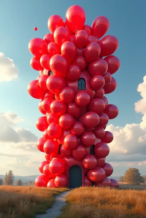 A large unusual house made of bright red balloons against the background of beautiful weather