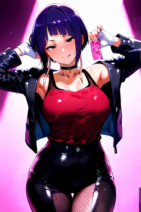 1girl, short hair,dark purple hair,black eyes,shirt,gloves,jacket,open clothes,choker,pants,white gloves,fingerless gloves,open jacket,black jacket,black pants,red shirt,jirou kyouka, smile, licking lips, armpit, holding condom, wet, sweat, blush, thigh ga...