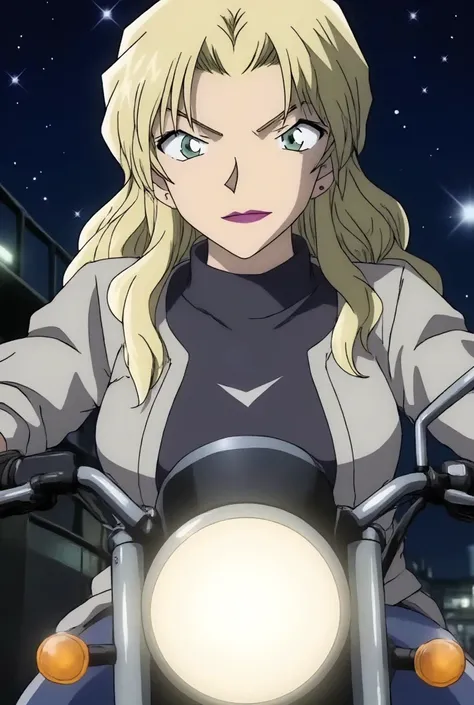 Female figure,green eyes, young adult, light blonde hair, intense gaze,  sharp features,  dark grey turtleneck top, light gray jacket, riding a motorcycle,  serious expression,  focused look,  dynamic action,  motorcycle in focus,  sharp lines,  anime styl...