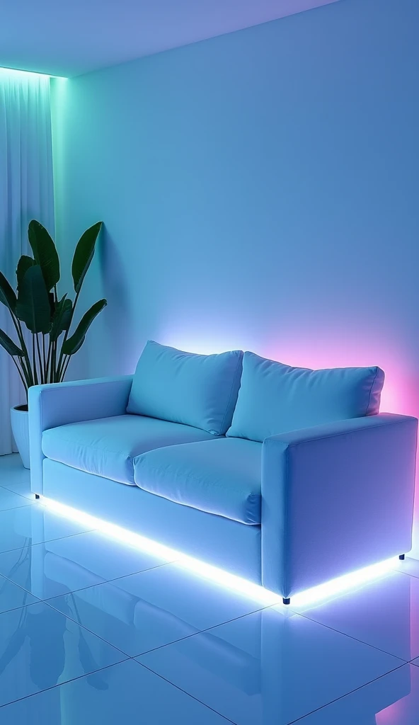 A beautiful modern sitting room with neon lights on the furniture like crystal, it feels soothing and simple, the wall is light blue same as the tiles on the floor, the floor is reflecting the light of the furniture.