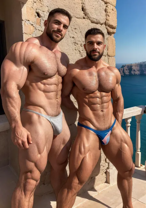 A highly detailed, ultra-realistic cinematic shot of (((two1.0))) ruggedly handsome, muscular bodybuilder ,(((male focus1.0))) ,On a sun-drenched terrace in Santorini, (((two muscular man ))), athletic men stand against the backdrop close to each other of ...