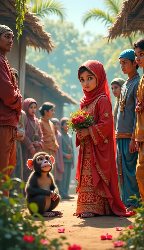 Muslim girl getting married with a monkey Girl sitting worried Simple village scene and people are watching with surprise