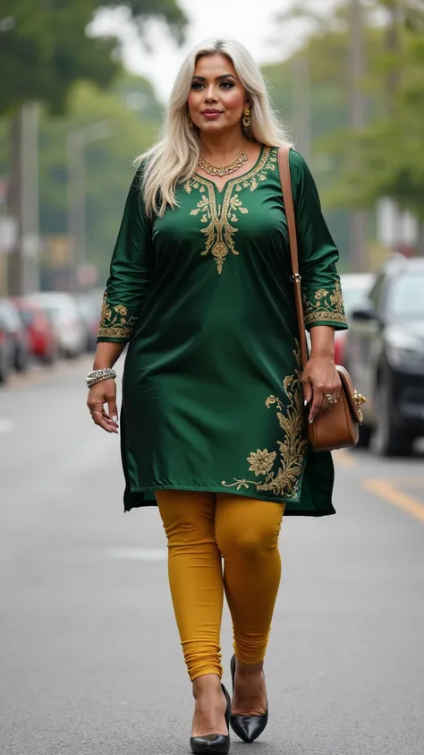 Curvi indian muslim women, 6 feet hight, Indian brown  skin, partially white hair, aged face, aged skin, soby eyes, looking hansika motwani, 50 age, costumes - ((shiny-reflective-elasticnylone-side slit-short size-dark green color mini  kurthi))(( golden c...