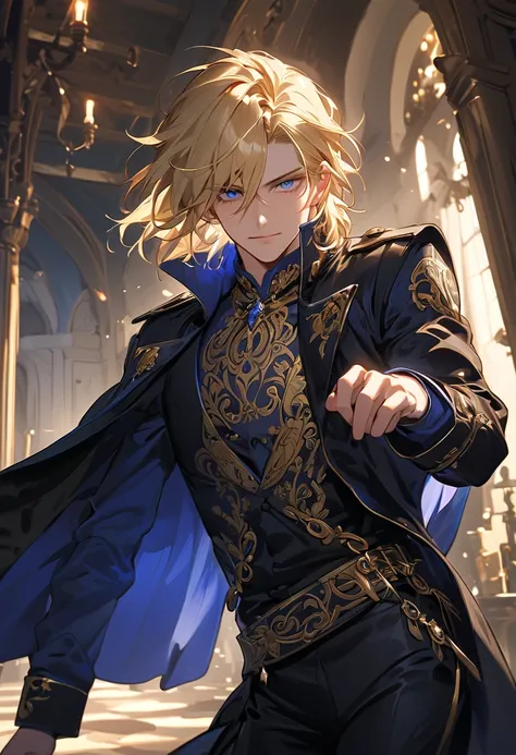 "A stunning anime-style male character exuding charisma and mystery. He has short, flowing blond hair, perfectly styled, with intense, hypnotic blue eyes that seem to glow subtly. His face is chiseled and flawless, with a confident, knowing smirk. He wears...