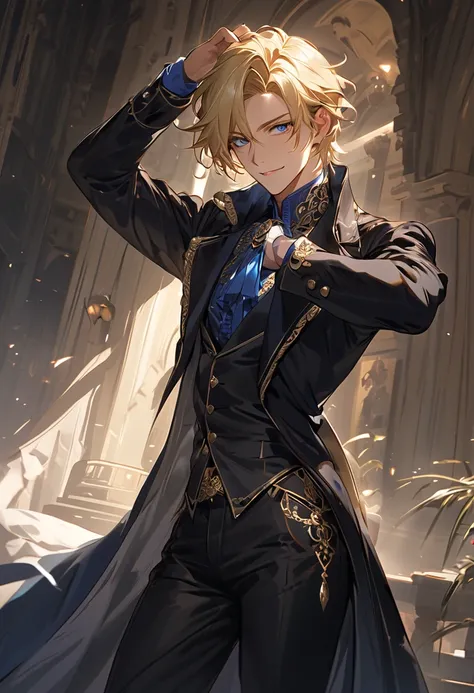 "A stunning anime-style male character exuding charisma and mystery. He has short, flowing blond hair, perfectly styled, with intense, hypnotic blue eyes that seem to glow subtly. His face is chiseled and flawless, with a confident, knowing smirk. He wears...