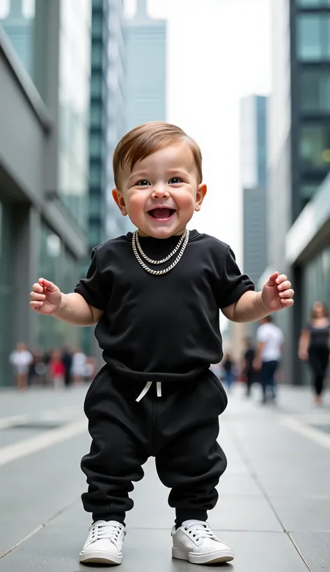 A highly detailed, professional digital photograph of an 8-month-old baby boy standing confidently on a modern urban walkway, surrounded by tall glass skyscrapers with a soft-focus background. The baby has a joyful expression, with bright, sparkling brown ...