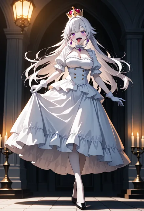 Mansion, (Princess King Boo: Young woman with long white hair and pale skin with purple eyes, full body, wearing a white dress with a crown and frills and white gloves, smiling, open mouth, tongue out, showing jagged, sharp teeth. Model pose, lit only by c...