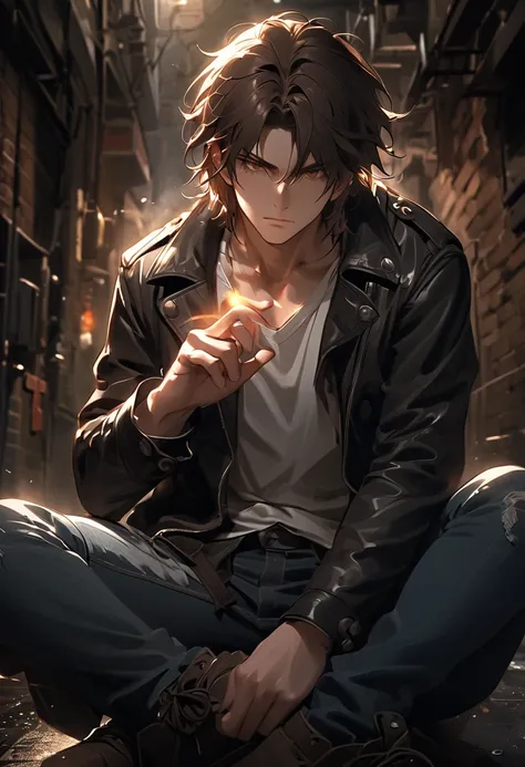 "A brooding anime-style male character with a defiant yet vulnerable aura. He has medium dark brown hair falling over his intense, expressive eyes that reveal deep conflict. His face is delicate yet sharp, with a slight frown or an indifferent expression. ...