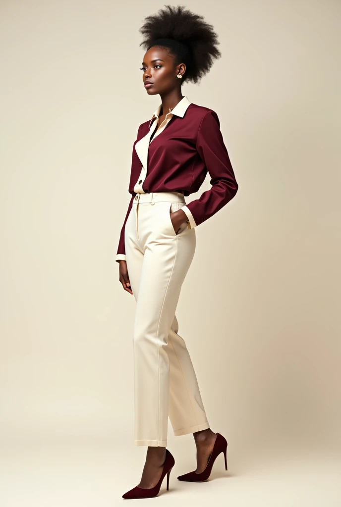 A realistic image of a Nigerian model wearing a corporate outfit comprising of a fact geometric collared shirt, burgundy and cream in color, paired with cream dress pants and cover-toe heels