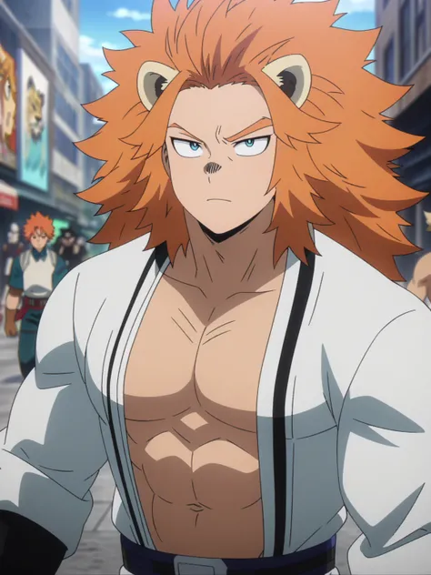 (masterpiece, best quality, anime, anime coloring:1.3, superhigh res). ((Heteromorph)), ((anthro)), ((A muscular man with long orange hair with long bangs and handsome detailed lion head)). Big city avenue background, colorfull.

My Hero Academia character...