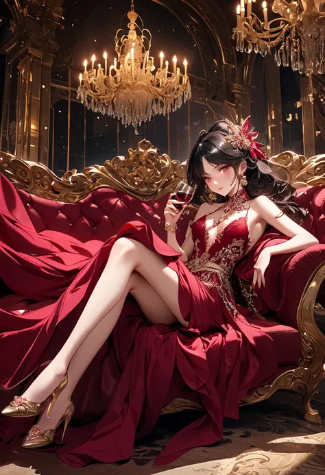 A stunning, high-fashion anime-style woman with an aura of refined manipulation. She has long, luxurious black hair styled in soft waves, cascading elegantly over her shoulders. Her sharp, fox-like eyes gleam with amusement and calculation. She wears a bre...